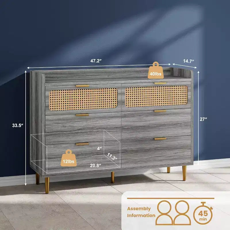 Zstar 47 wide 6 drawer double dresser for bedroom