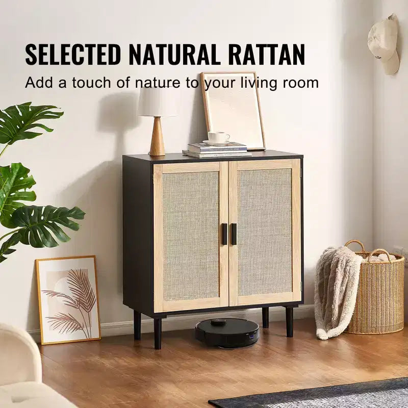 VEVOR Rattan Cabinet, Rattan Storage Cabinet with 2 Magnetic Doors and Adjustable Shelves, Sideboard Buffet Cabinet for Hallway, Black