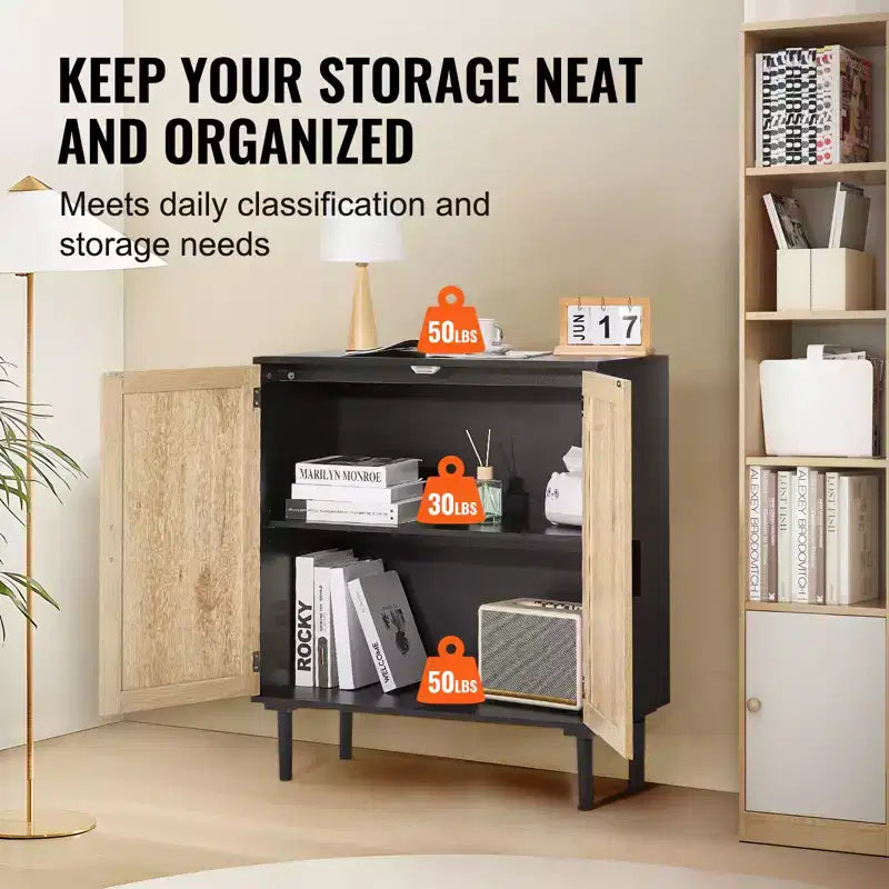 VEVOR Rattan Cabinet, Rattan Storage Cabinet with 2 Magnetic Doors and Adjustable Shelves, Sideboard Buffet Cabinet for Hallway, Black