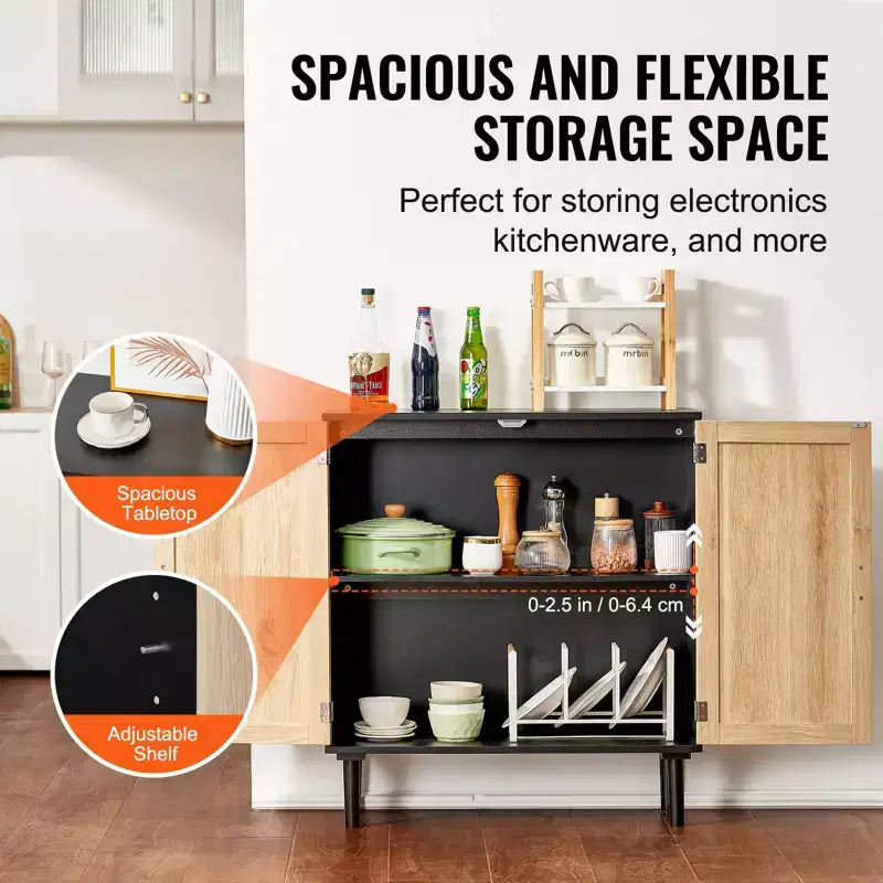VEVOR Rattan Cabinet, Rattan Storage Cabinet with 2 Magnetic Doors and Adjustable Shelves, Sideboard Buffet Cabinet for Hallway, Black