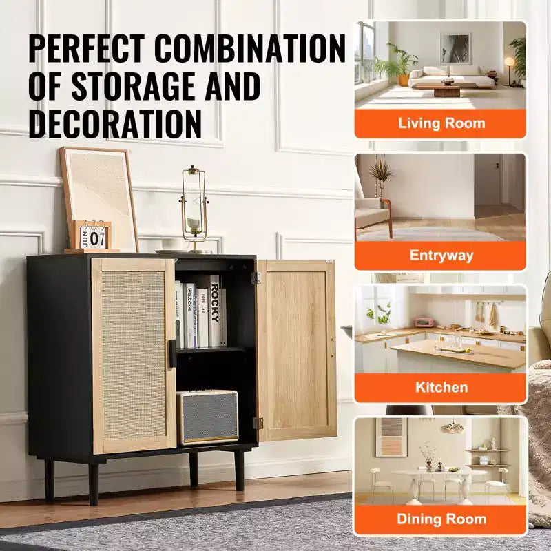 VEVOR Rattan Cabinet, Rattan Storage Cabinet with 2 Magnetic Doors and Adjustable Shelves, Sideboard Buffet Cabinet for Hallway, Black