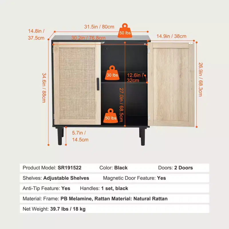VEVOR Rattan Cabinet, Rattan Storage Cabinet with 2 Magnetic Doors and Adjustable Shelves, Sideboard Buffet Cabinet for Hallway, Black
