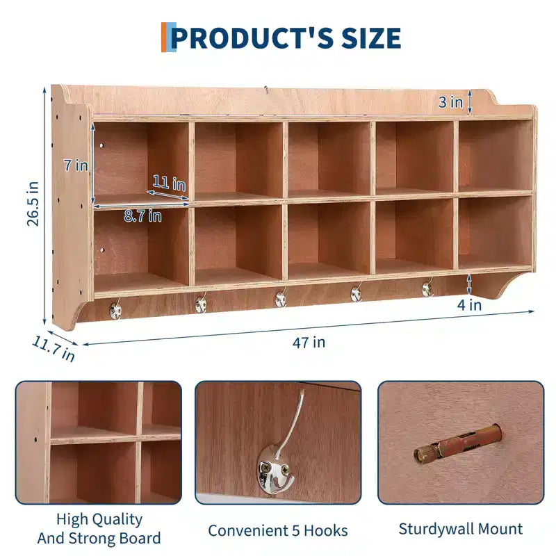 5-Section Classroom Coat Locker, 15 Cubbies with Anti-tip Anchors, Daycare Cubby with 4 Casters, 5 Hooks, 2 Boxes, for Home School Kindergarten