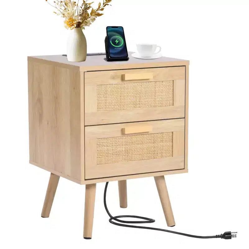 VEVOR Rattan Nightstand, Boho Bedside Table with 2 Drawers, Rattan End Table Nightstand with Solid Wood Legs, Rattan Bedside Table, Natural