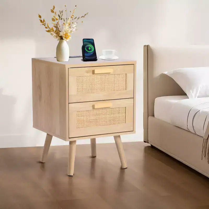 VEVOR Rattan Nightstand, Boho Bedside Table with 2 Drawers, Rattan End Table Nightstand with Solid Wood Legs, Rattan Bedside Table, Natural