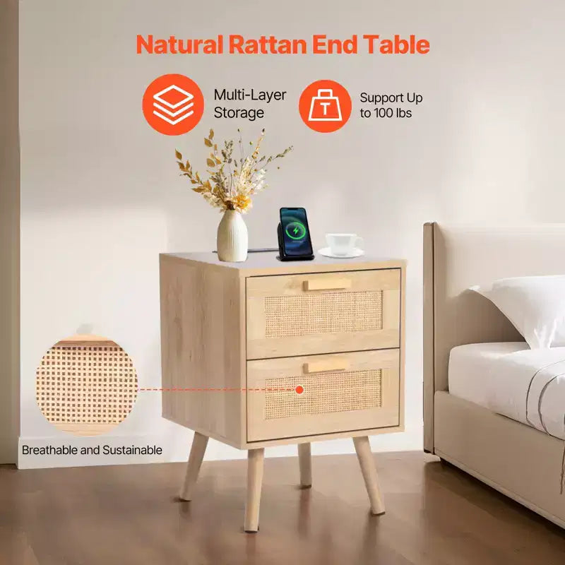 VEVOR Rattan Nightstand, Boho Bedside Table with 2 Drawers, Rattan End Table Nightstand with Solid Wood Legs, Rattan Bedside Table, Natural