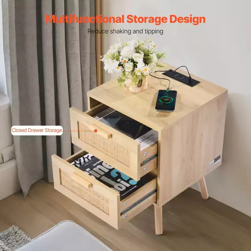 VEVOR Rattan Nightstand, Boho Bedside Table with 2 Drawers, Rattan End Table Nightstand with Solid Wood Legs, Rattan Bedside Table, Natural