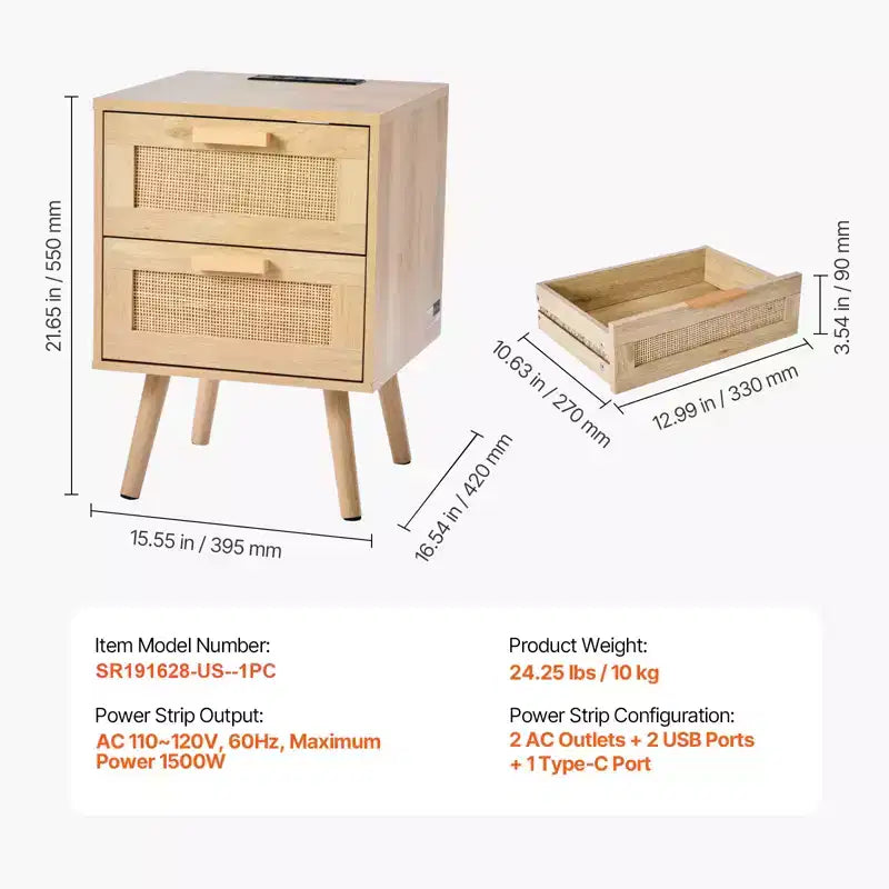VEVOR Rattan Nightstand, Boho Bedside Table with 2 Drawers, Rattan End Table Nightstand with Solid Wood Legs, Rattan Bedside Table, Natural