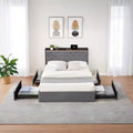 Bed Frame with Charging Station Upholstered Headboard & 4 Storage Drawers, With Wooden Slats Support, No Box Spring Needed