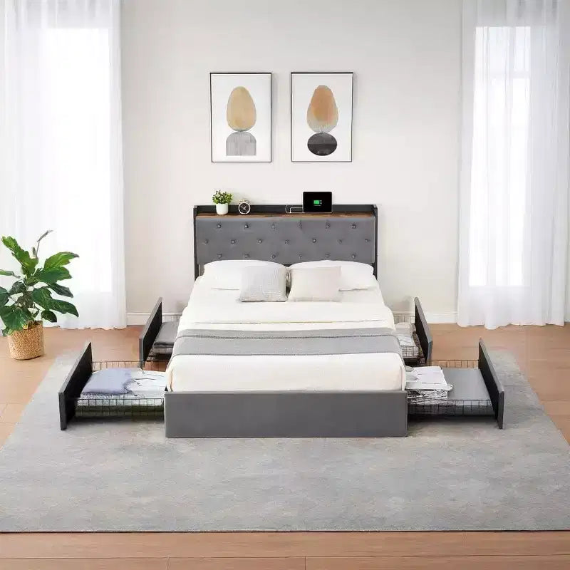 Bed Frame with Charging Station Upholstered Headboard & 4 Storage Drawers, With Wooden Slats Support, No Box Spring Needed