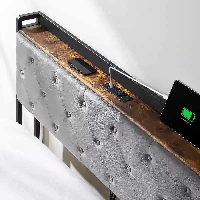 Bed Frame with Charging Station Upholstered Headboard & 4 Storage Drawers, With Wooden Slats Support, No Box Spring Needed