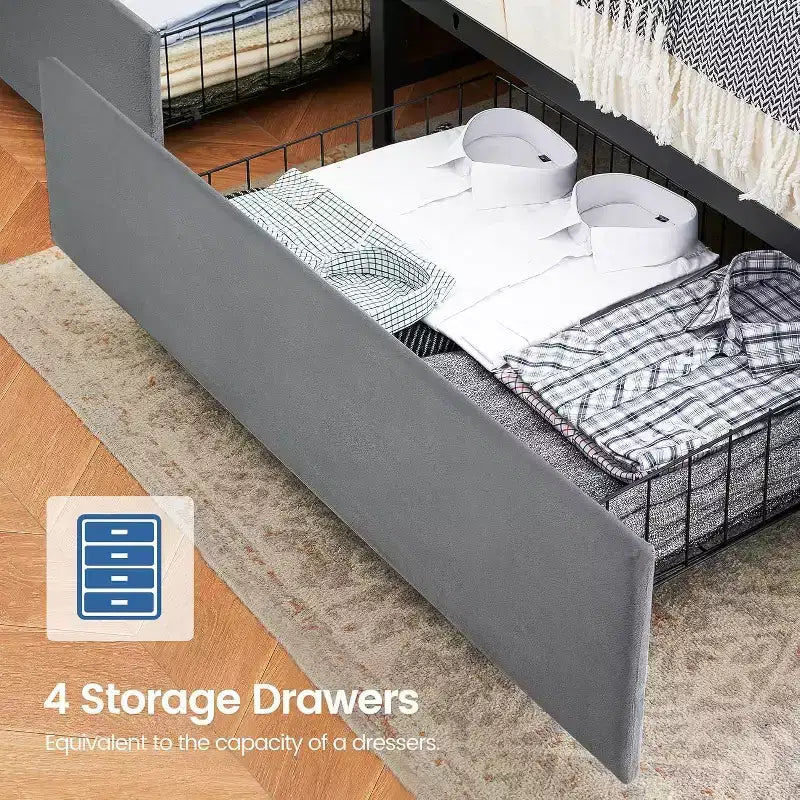 Bed Frame with Charging Station Upholstered Headboard & 4 Storage Drawers, With Wooden Slats Support, No Box Spring Needed