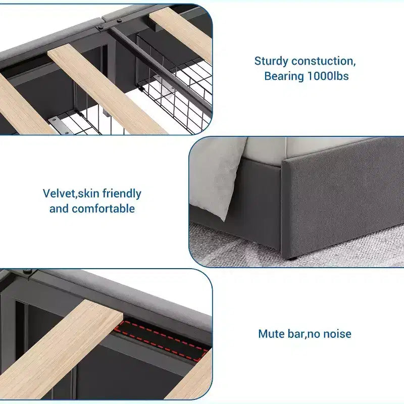 Bed Frame with Charging Station Upholstered Headboard & 4 Storage Drawers, With Wooden Slats Support, No Box Spring Needed