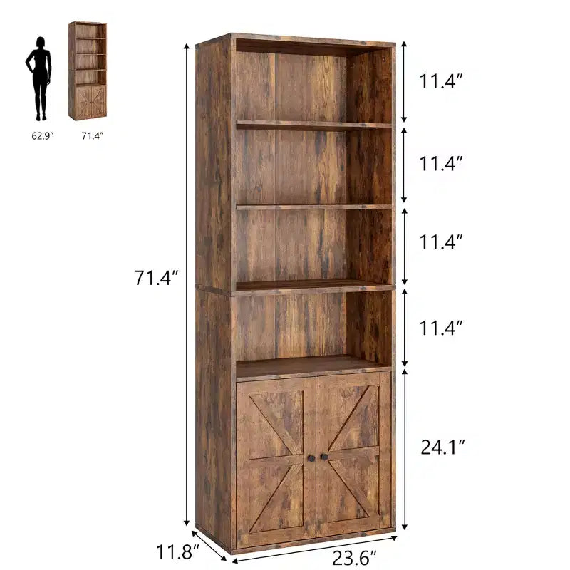 Farmhouse Bookcase with Doors, Display Storage Shelves, Tall Bookshelf Wooden 6 Shelf Bookshelves