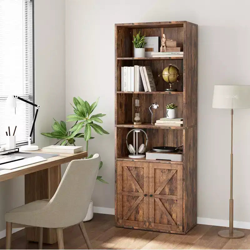 Farmhouse Bookcase with Doors, Display Storage Shelves, Tall Bookshelf Wooden 6 Shelf Bookshelves