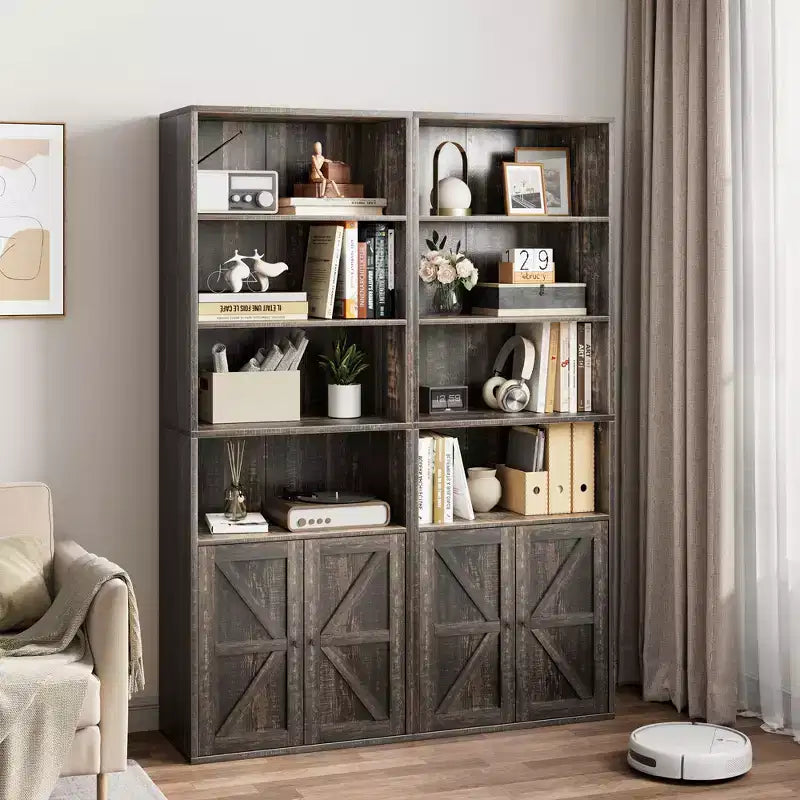 Farmhouse Bookcase with Doors, Display Storage Shelves, Tall Bookshelf Wooden 6 Shelf Bookshelves
