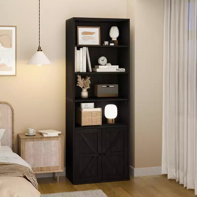 Farmhouse Bookcase with Doors, Display Storage Shelves, Tall Bookshelf Wooden 6 Shelf Bookshelves