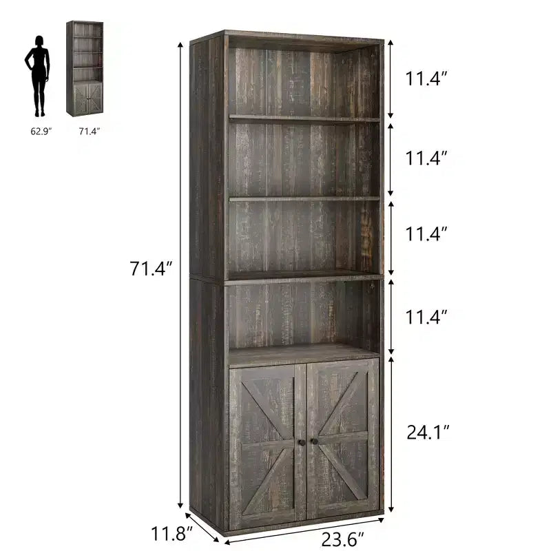 Farmhouse Bookcase with Doors, Display Storage Shelves, Tall Bookshelf Wooden 6 Shelf Bookshelves