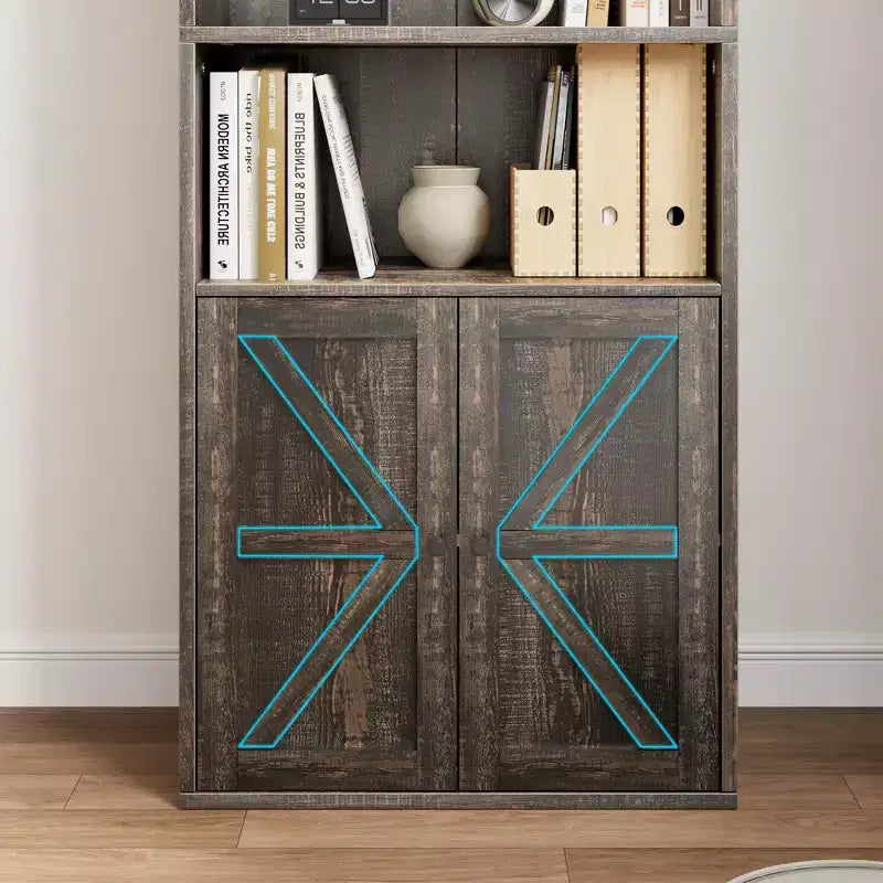 Farmhouse Bookcase with Doors, Display Storage Shelves, Tall Bookshelf Wooden 6 Shelf Bookshelves