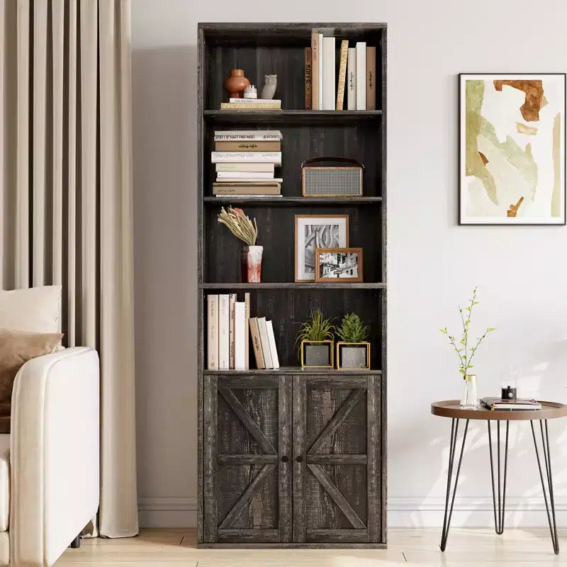 Farmhouse Bookcase with Doors, Display Storage Shelves, Tall Bookshelf Wooden 6 Shelf Bookshelves