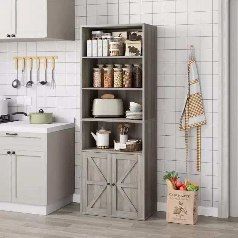 Farmhouse Bookcase with Doors, Display Storage Shelves, Tall Bookshelf Wooden 6 Shelf Bookshelves