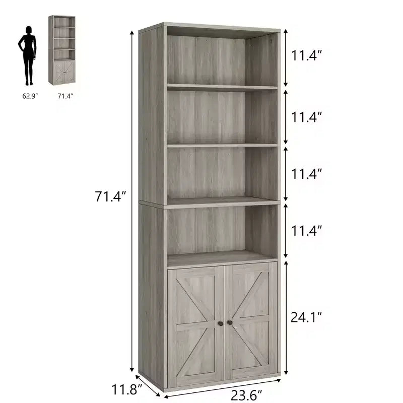 Farmhouse Bookcase with Doors, Display Storage Shelves, Tall Bookshelf Wooden 6 Shelf Bookshelves