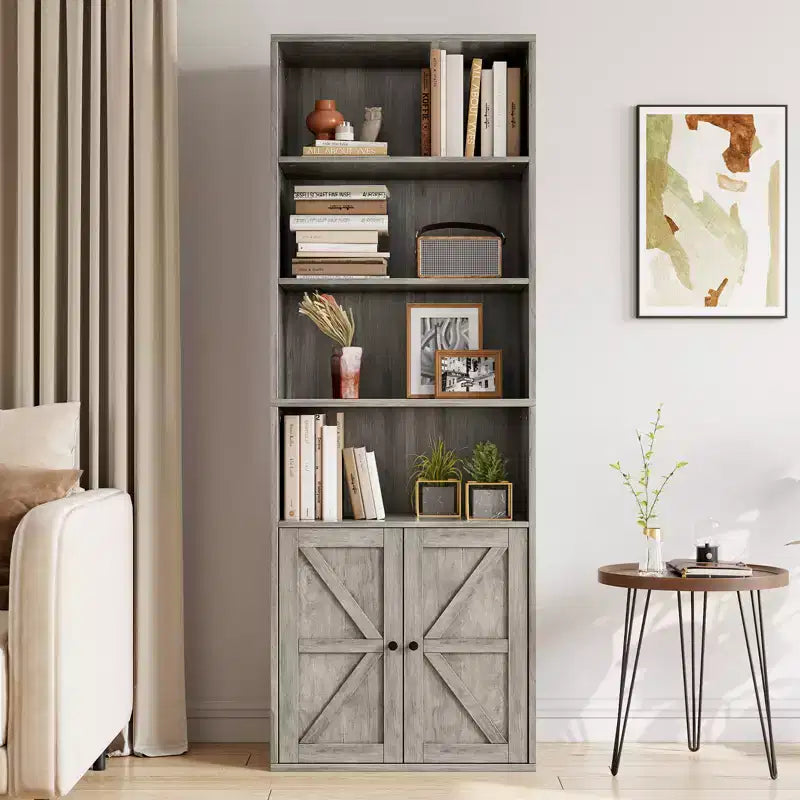 Farmhouse Bookcase with Doors, Display Storage Shelves, Tall Bookshelf Wooden 6 Shelf Bookshelves