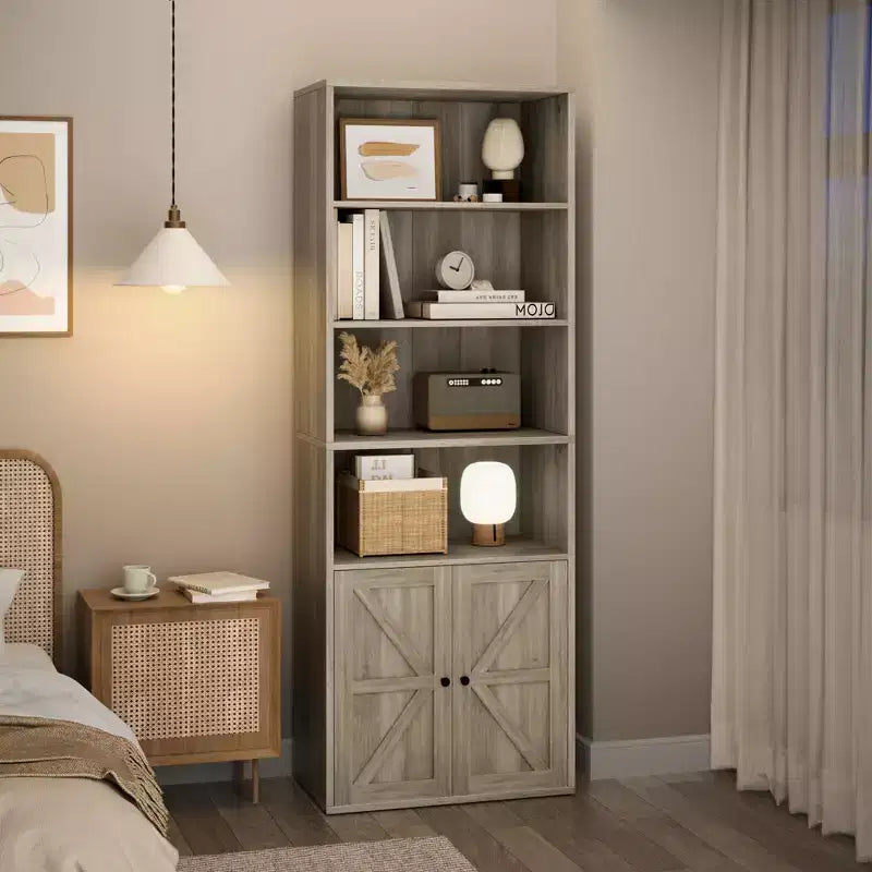 Farmhouse Bookcase with Doors, Display Storage Shelves, Tall Bookshelf Wooden 6 Shelf Bookshelves