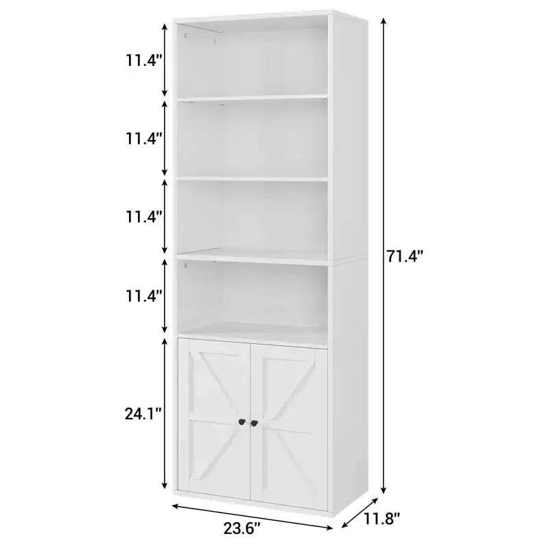 Farmhouse Bookcase with Doors, Display Storage Shelves, Tall Bookshelf Wooden 6 Shelf Bookshelves