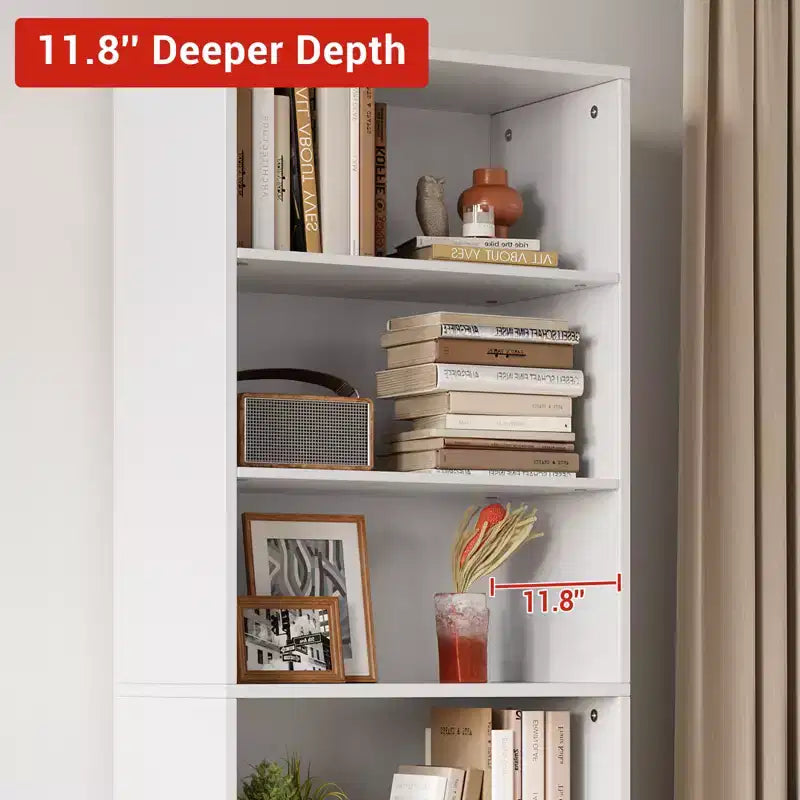Farmhouse Bookcase with Doors, Display Storage Shelves, Tall Bookshelf Wooden 6 Shelf Bookshelves