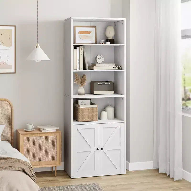 Farmhouse Bookcase with Doors, Display Storage Shelves, Tall Bookshelf Wooden 6 Shelf Bookshelves