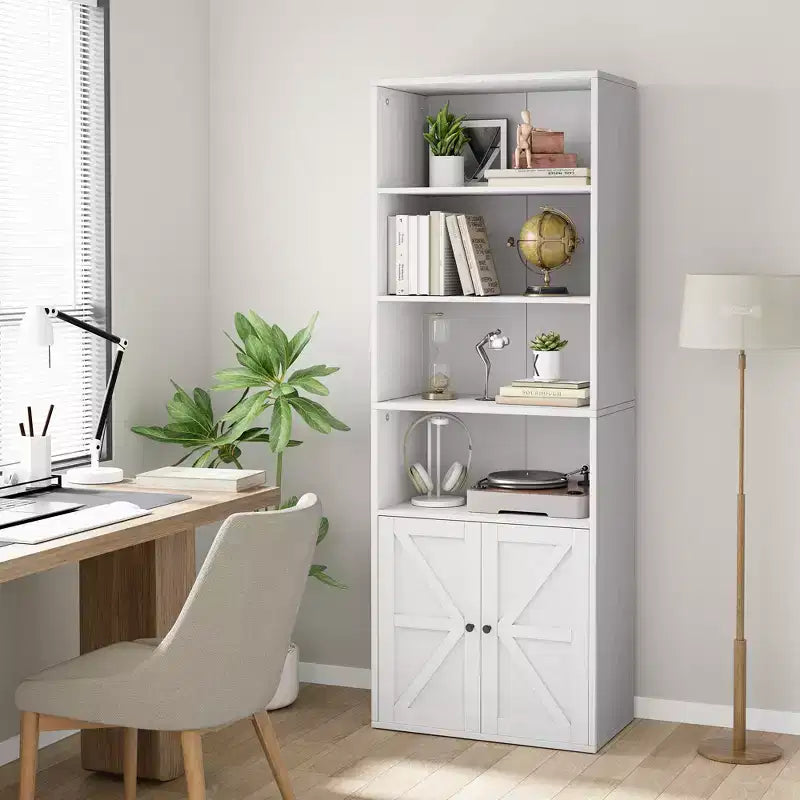 Farmhouse Bookcase with Doors, Display Storage Shelves, Tall Bookshelf Wooden 6 Shelf Bookshelves