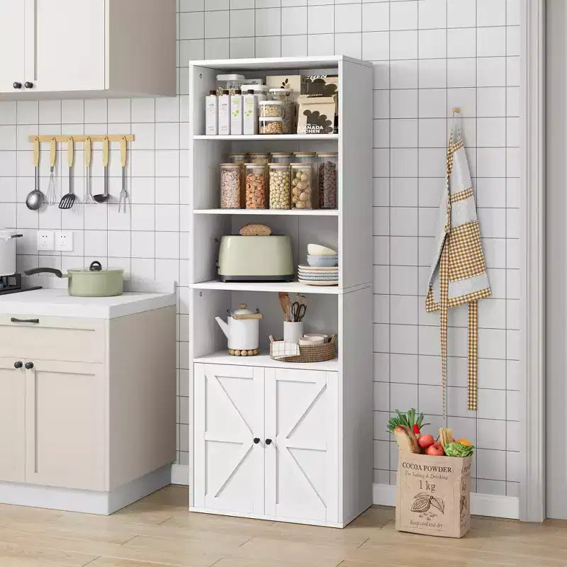 Farmhouse Bookcase with Doors, Display Storage Shelves, Tall Bookshelf Wooden 6 Shelf Bookshelves