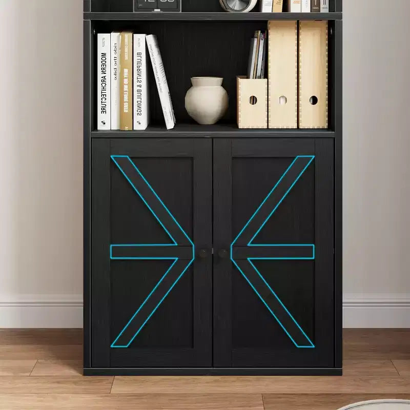 Farmhouse Bookcase with Doors, Display Storage Shelves, Tall Bookshelf Wooden 6 Shelf Bookshelves