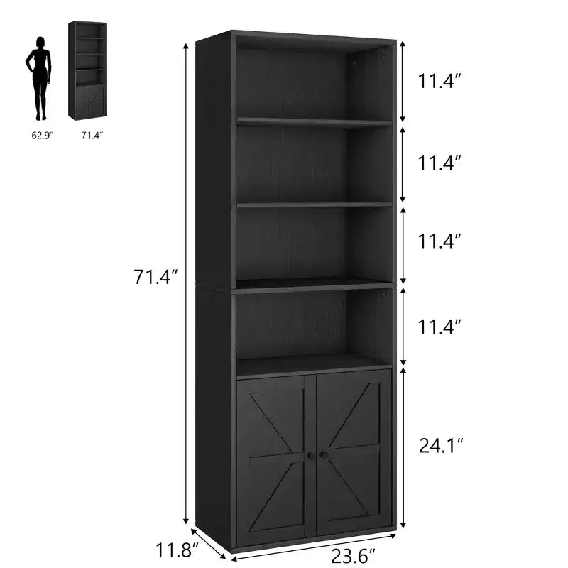 Farmhouse Bookcase with Doors, Display Storage Shelves, Tall Bookshelf Wooden 6 Shelf Bookshelves