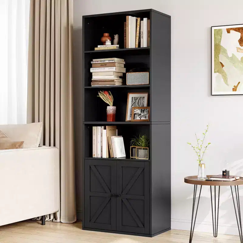 Farmhouse Bookcase with Doors, Display Storage Shelves, Tall Bookshelf Wooden 6 Shelf Bookshelves