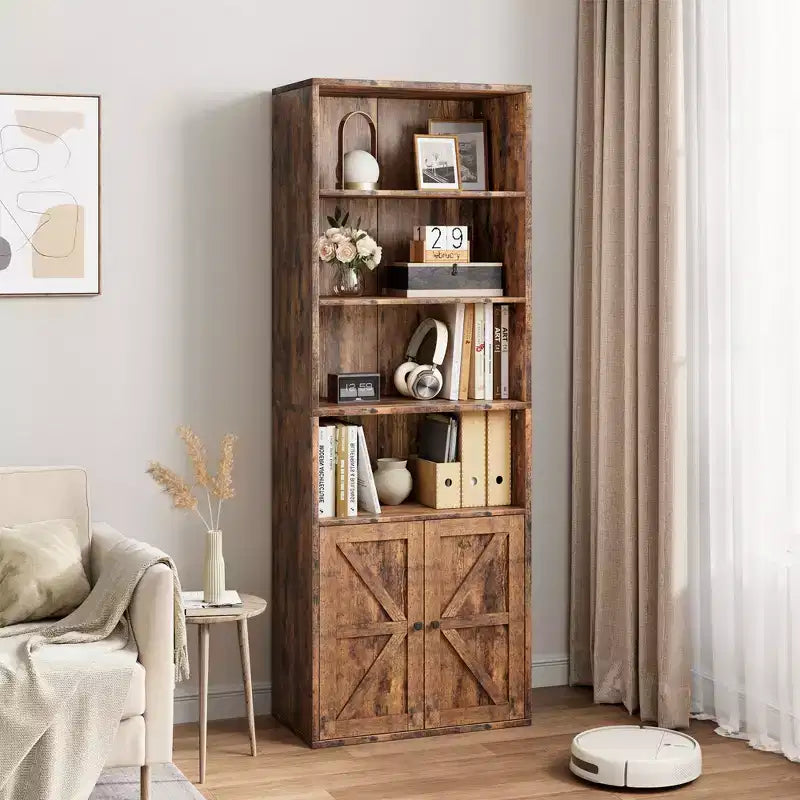 Farmhouse Bookcase with Doors, Display Storage Shelves, Tall Bookshelf Wooden 6 Shelf Bookshelves
