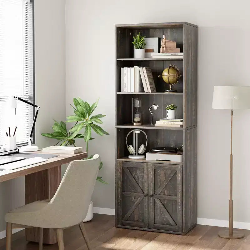 Farmhouse Bookcase with Doors, Display Storage Shelves, Tall Bookshelf Wooden 6 Shelf Bookshelves