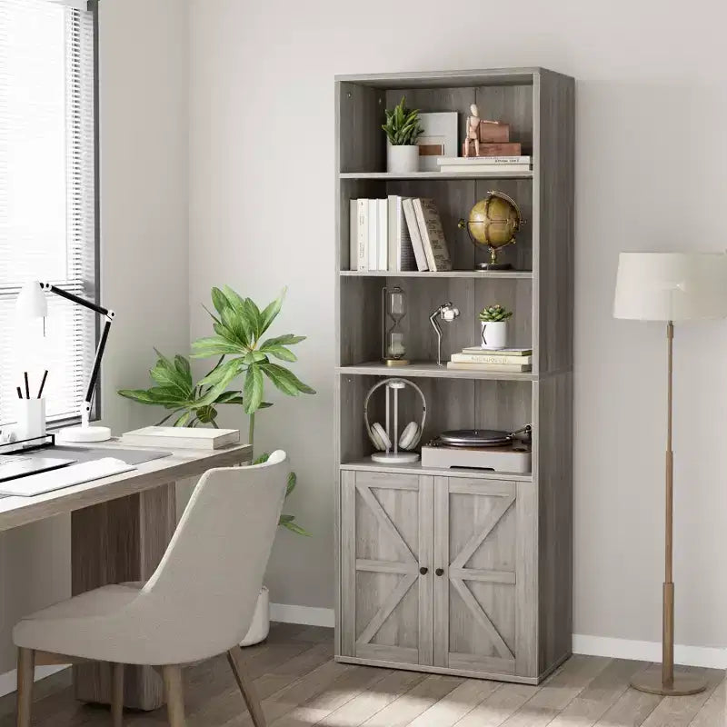 Farmhouse Bookcase with Doors, Display Storage Shelves, Tall Bookshelf Wooden 6 Shelf Bookshelves