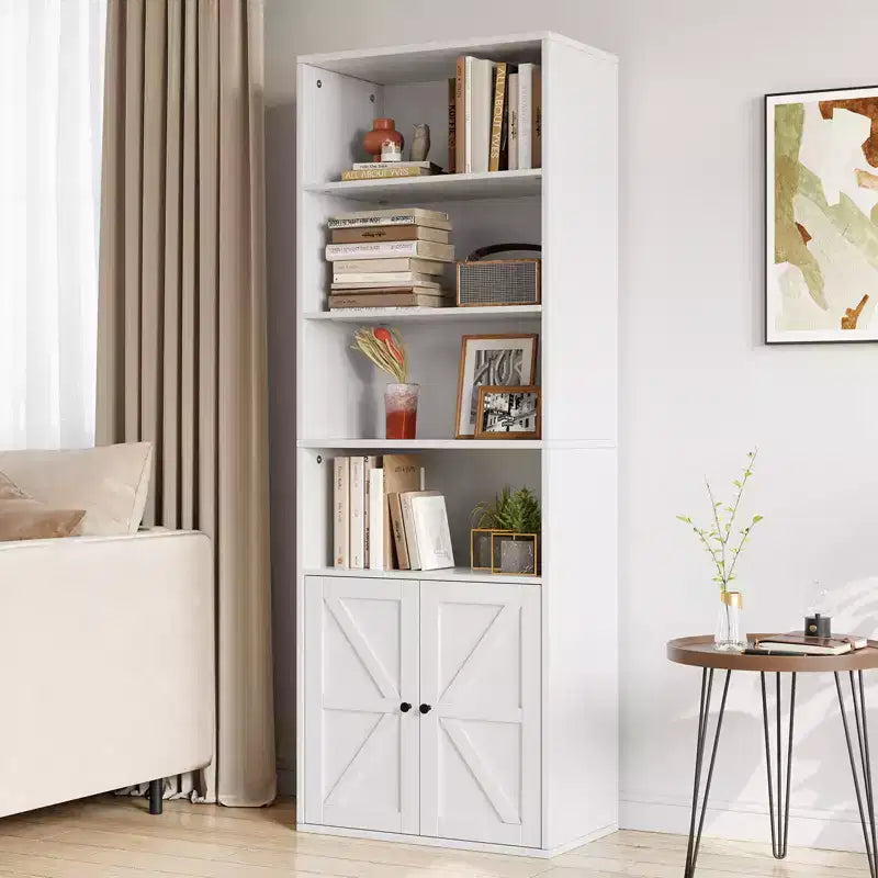 Farmhouse Bookcase with Doors, Display Storage Shelves, Tall Bookshelf Wooden 6 Shelf Bookshelves