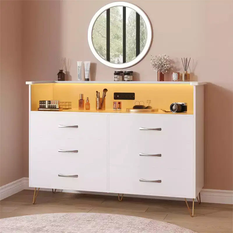 Dresser with LED Light & Charging Station, Storage Cabinet with 6 Drawers and 2 Open Shelves