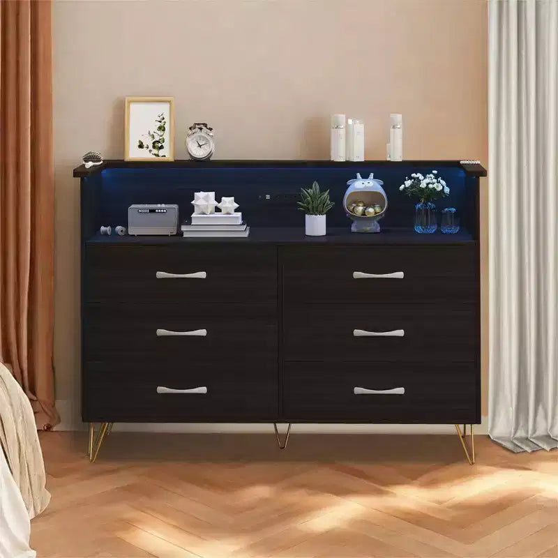 Dresser with LED Light & Charging Station, Storage Cabinet with 6 Drawers and 2 Open Shelves