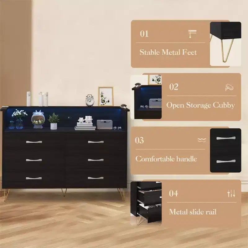 Dresser with LED Light & Charging Station, Storage Cabinet with 6 Drawers and 2 Open Shelves