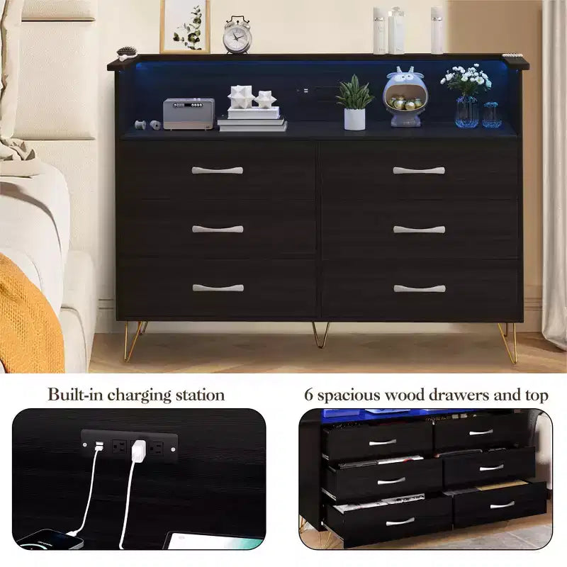 Dresser with LED Light & Charging Station, Storage Cabinet with 6 Drawers and 2 Open Shelves