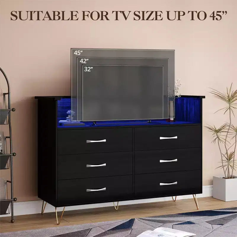 Dresser with LED Light & Charging Station, Storage Cabinet with 6 Drawers and 2 Open Shelves