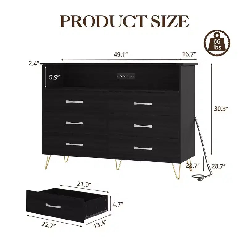 Dresser with LED Light & Charging Station, Storage Cabinet with 6 Drawers and 2 Open Shelves