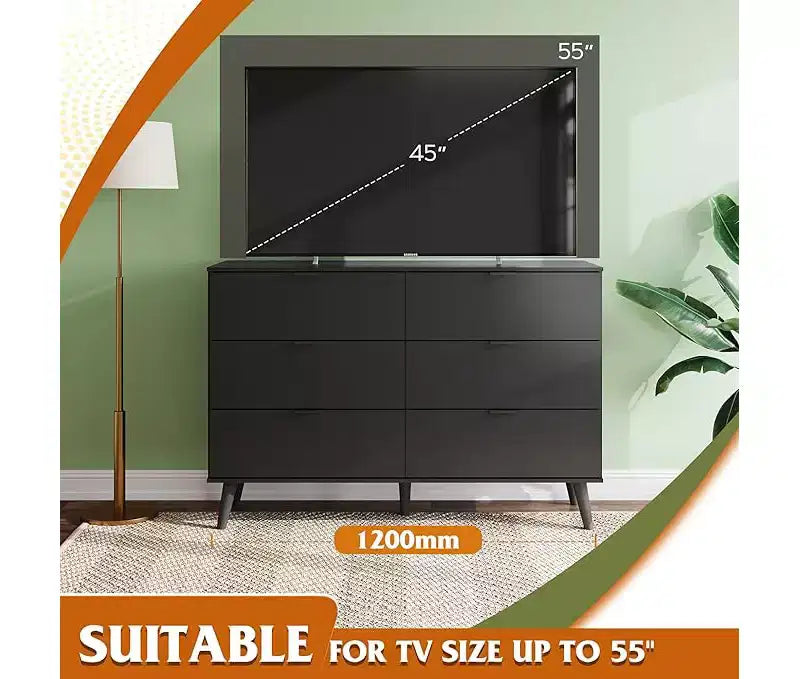 GALAXHERO 6 Drawer Wood Dresser, 47.24 Wide Storage Organizer with Metal Handles, TV Stand for 55 TV, Bedroom, Living Room, Hallway, Closet
