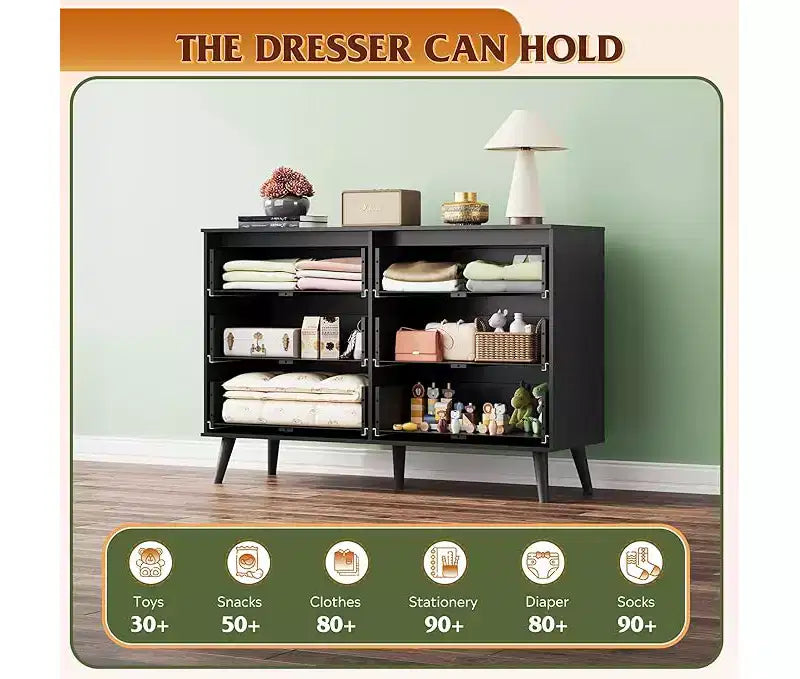 GALAXHERO 6 Drawer Wood Dresser, 47.24 Wide Storage Organizer with Metal Handles, TV Stand for 55 TV, Bedroom, Living Room, Hallway, Closet