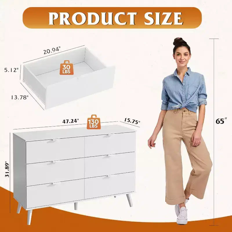 GALAXHERO 6 Drawer Wood Dresser, 47.24 Wide Storage Organizer with Metal Handles, TV Stand for 55 TV, Bedroom, Living Room, Hallway, Closet
