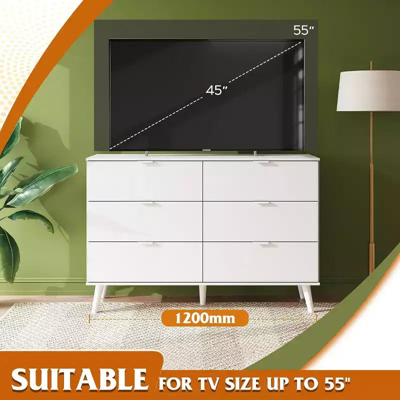 GALAXHERO 6 Drawer Wood Dresser, 47.24 Wide Storage Organizer with Metal Handles, TV Stand for 55 TV, Bedroom, Living Room, Hallway, Closet